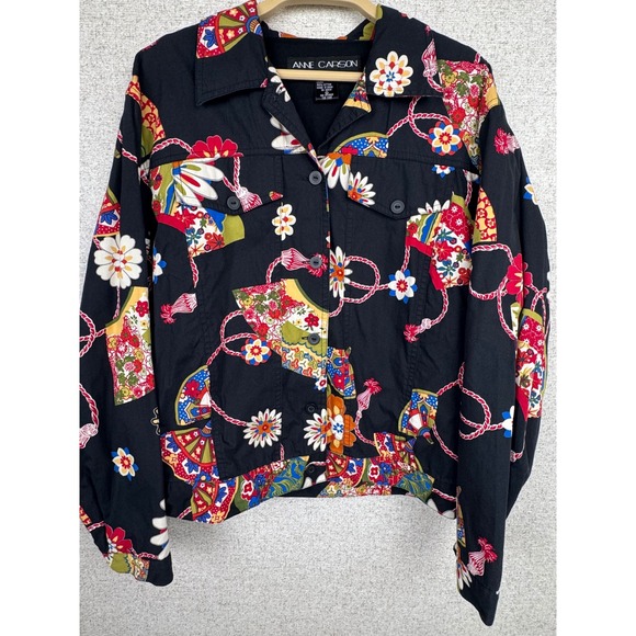Anne Carson Jackets & Blazers - Anne Carson Cotton Jacket — M — Black Floral Fan Print Y2K Cropped Trucker